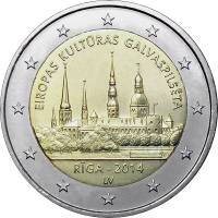 (001) Монета Латвия 2014 год 2 евро "Рига - культурная столица Европы"  Биметалл  Буклет